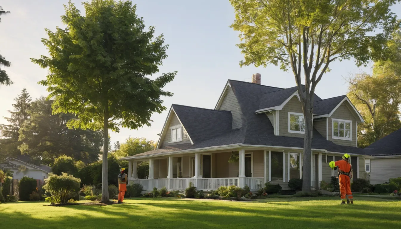 A local provider inspecting a large tree beside a home in Detroit